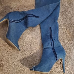 Ladies jean high heel thigh high open toe boots